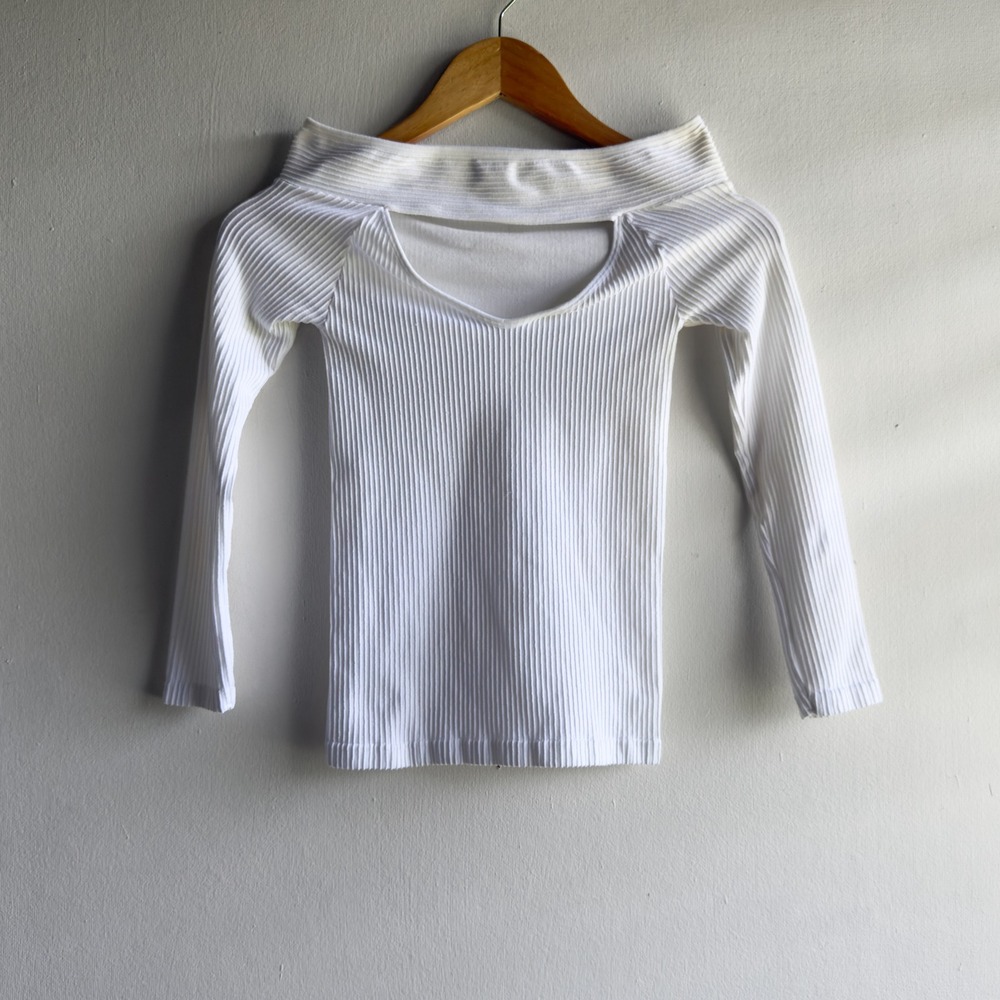 Free People Ribbed Cut Out Off Shoulder Long Sleeve Top Women XS S White